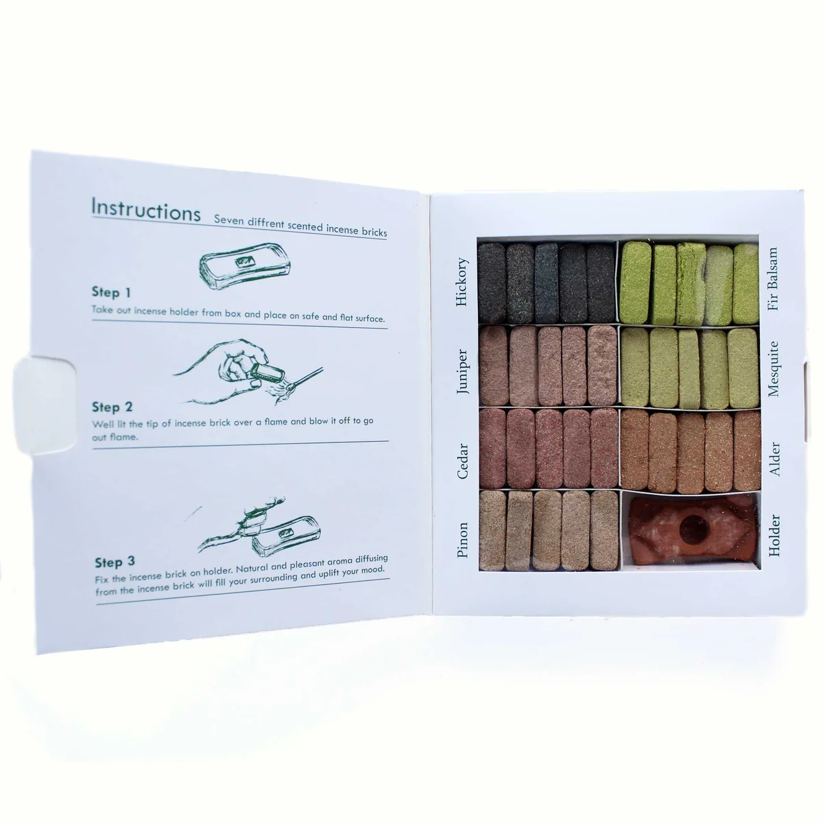 Set of 70 earthy Himalaya incense smudge bricks arranged with a ceramic incense burner set on a white background