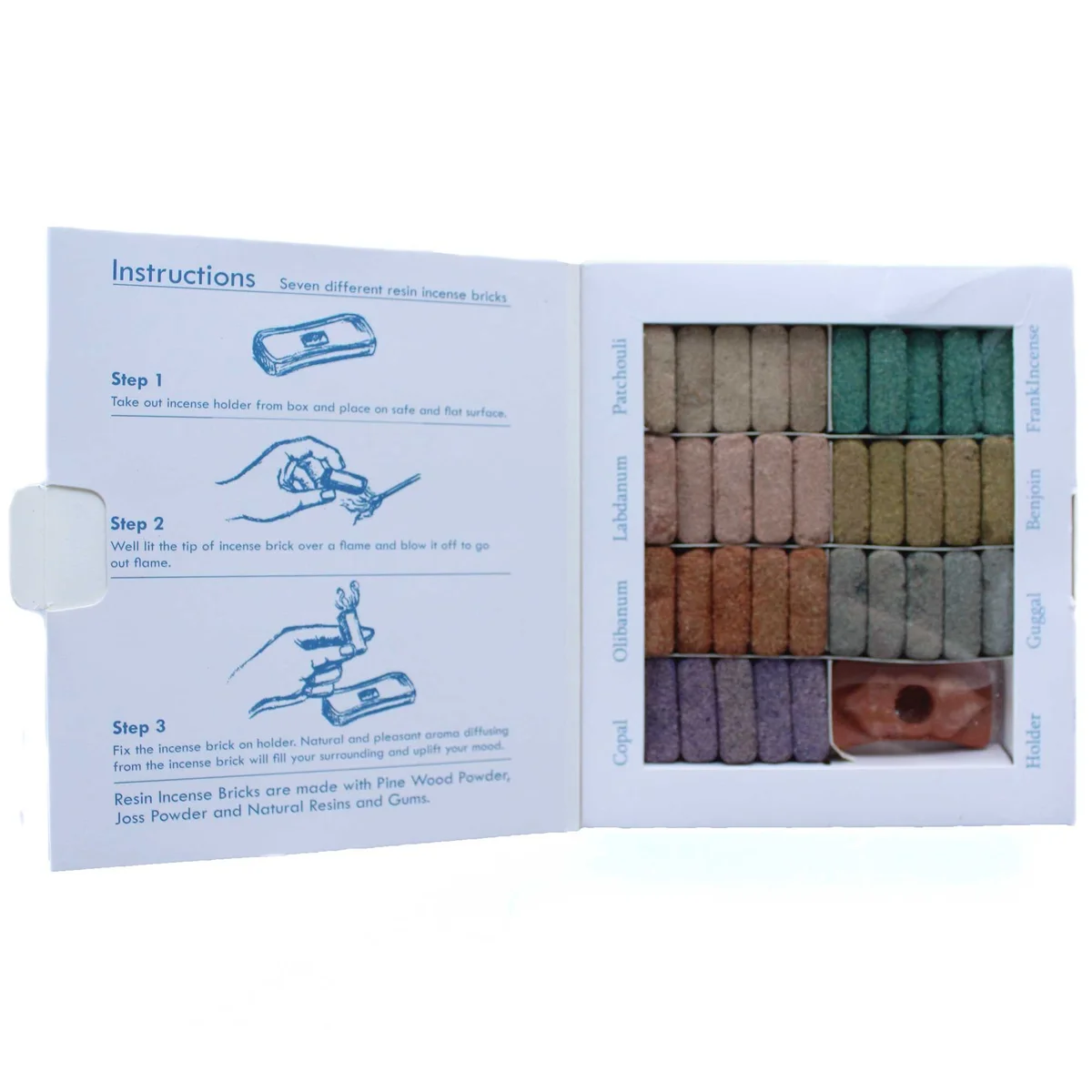 Display set of 70 Wild West incense smudge bricks with a wooden burner arranged on a white background