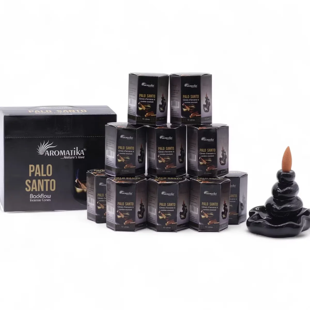 Pack of 10 Masala Backflow Palo Santo incense sticks arranged with smoke flowing downwards on a dark background