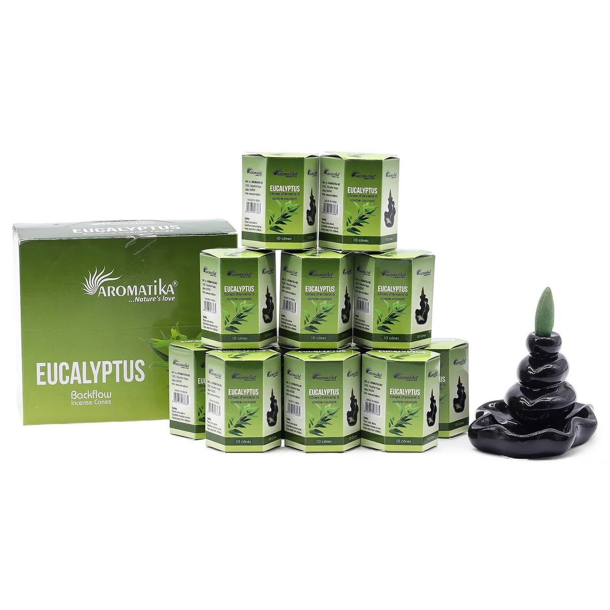 Pack of 10 eucalyptus-scented masala backflow incense sticks in packaging for UK e-commerce product page