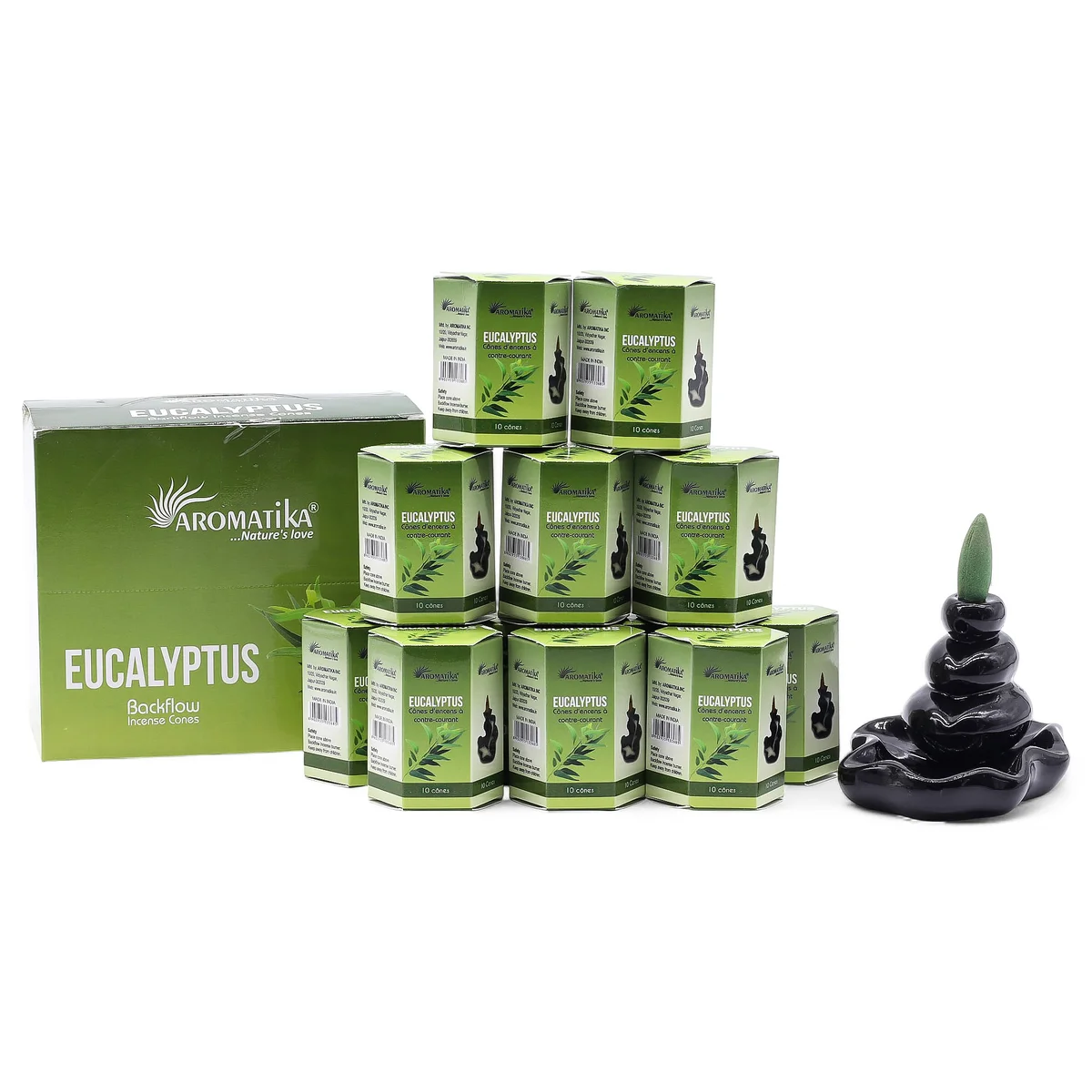 Pack of 10 eucalyptus masala backflow incense sticks arranged with packaging, showing backflow incense pack details