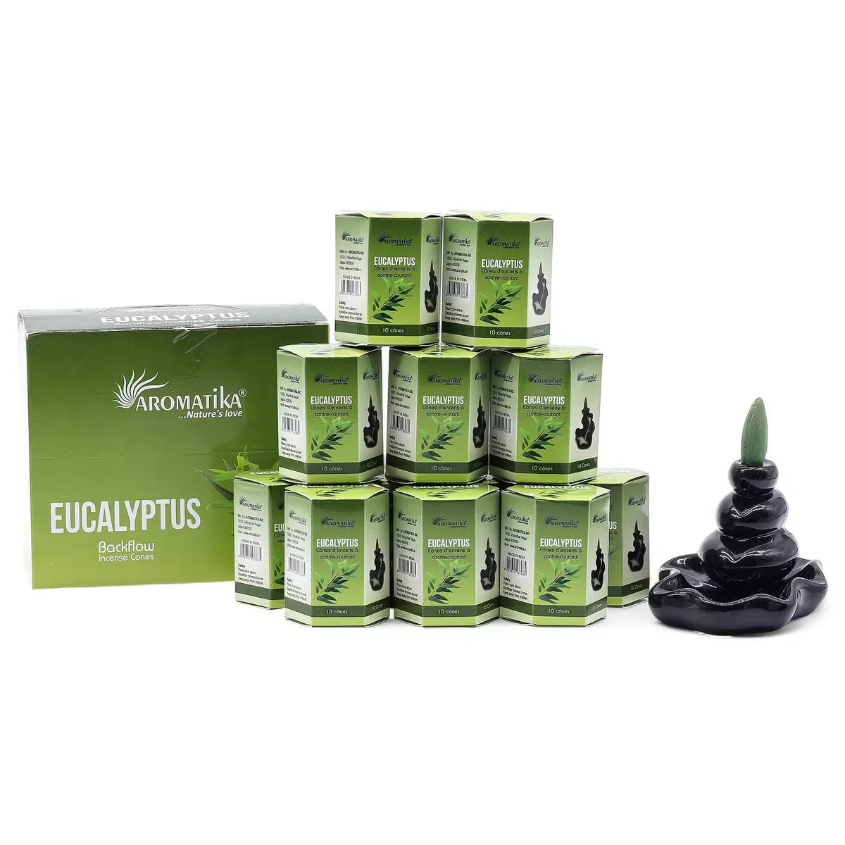 Ten eucalyptus masala incense sticks arranged with smoke flowing downwards for backflow effect