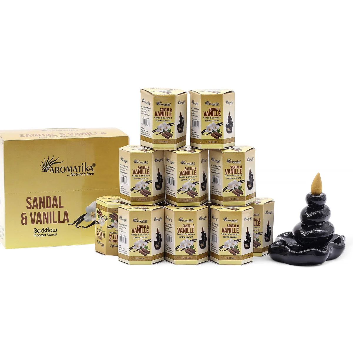 Pack of 10 sandalwood and vanilla scented backflow incense cones arranged on a white background