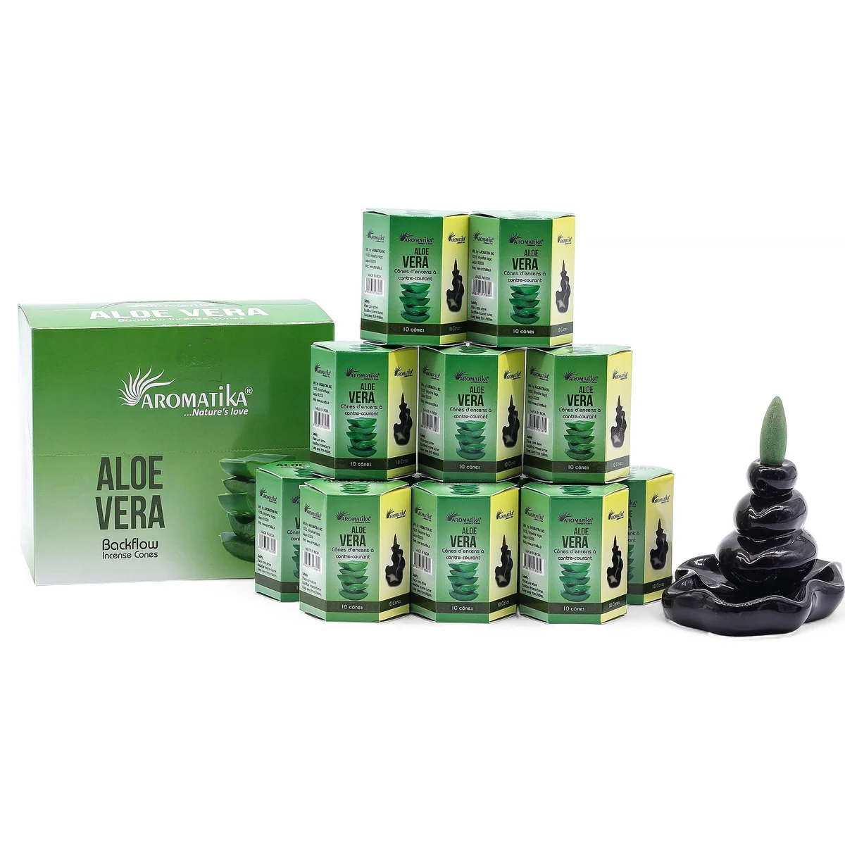 Pack of 10 aloe vera masala backflow incense sticks arranged on a white background