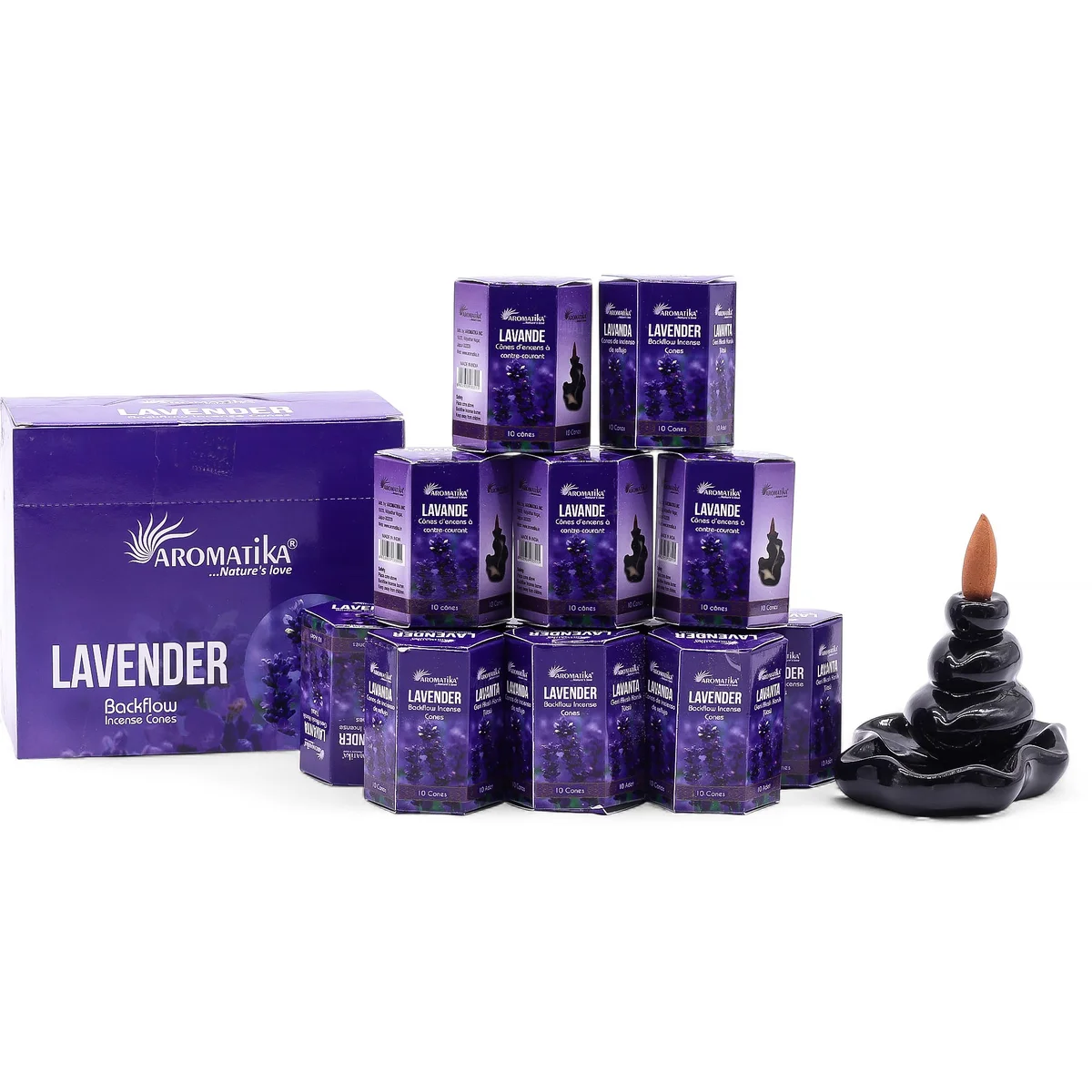 Ten lavender incense sticks arranged with visible ash tips, labelled as masala backflow incense pack.