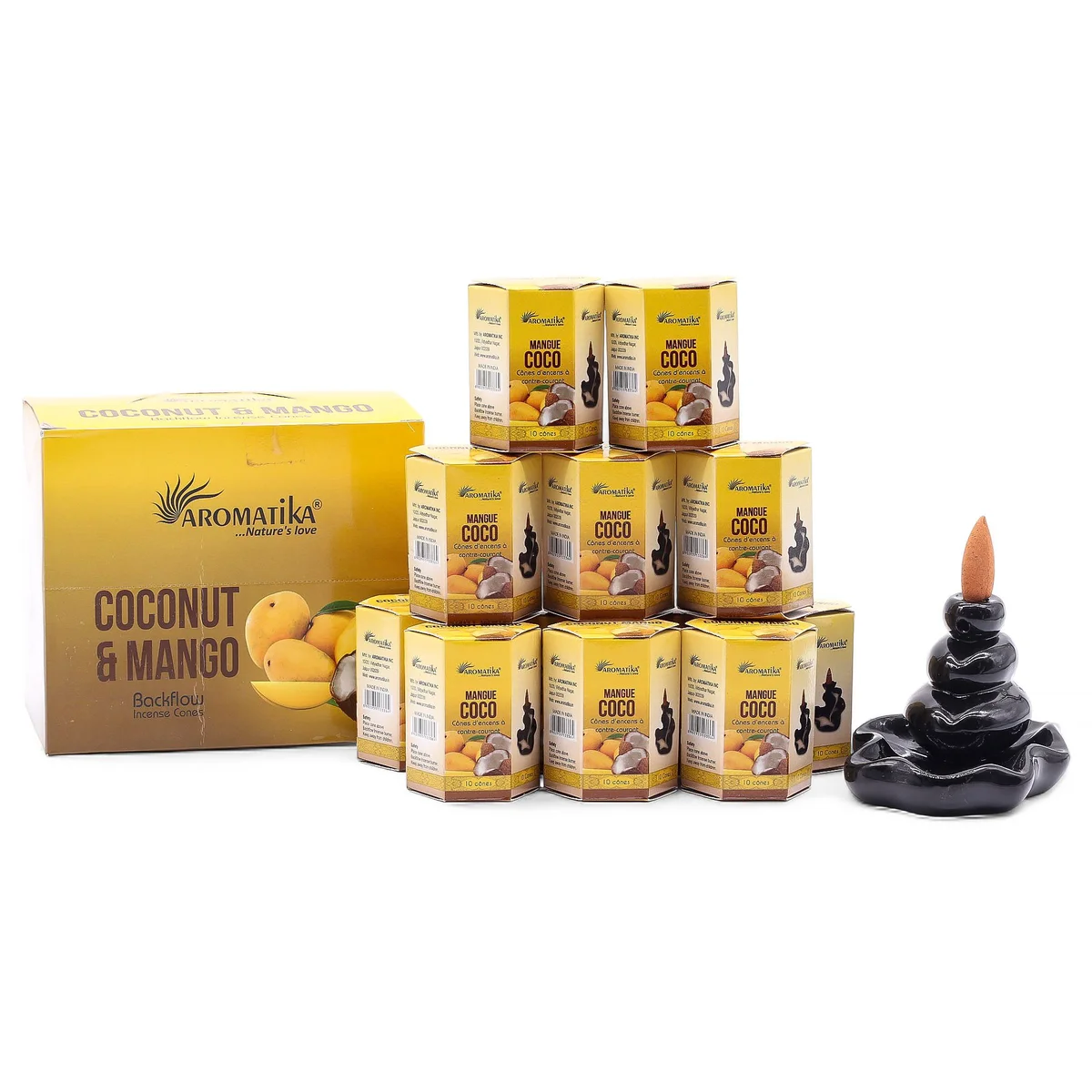 Pack of 10 masala backflow incense cones with coconut and mango scent in decorative packaging