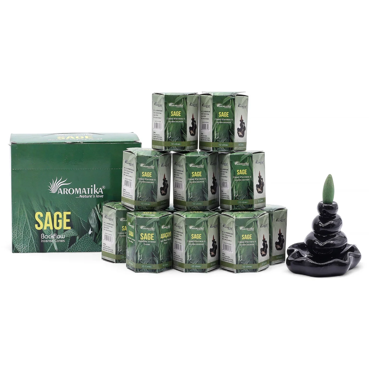 Pack of 10 sage backflow incense cones arranged on a wooden holder for aromatic use