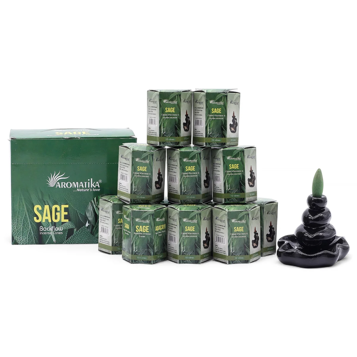 Ten sage-scented masala backflow incense cones arranged on a white background for UK e-commerce product page