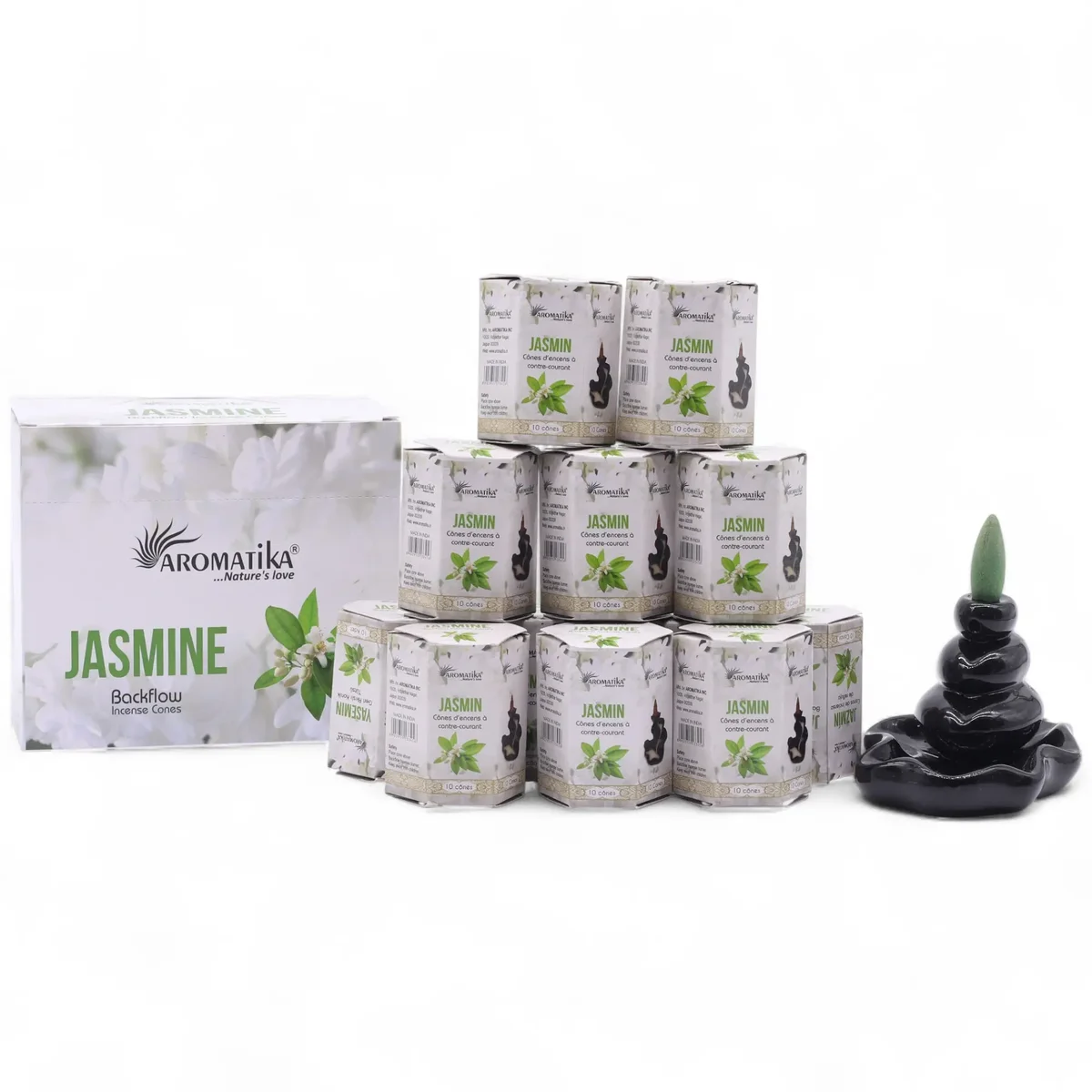Pack of 10 jasmine incense sticks with masala backflow cones arranged on a plain background