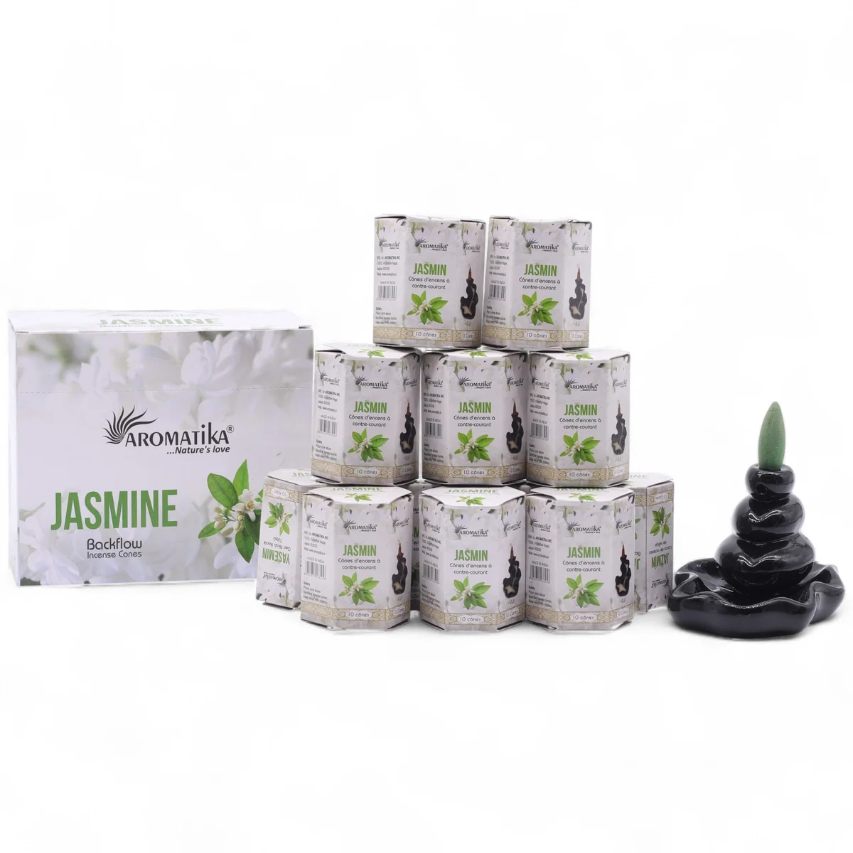 Ten jasmine-scented masala backflow incense cones arranged on a decorative holder for aromatic use