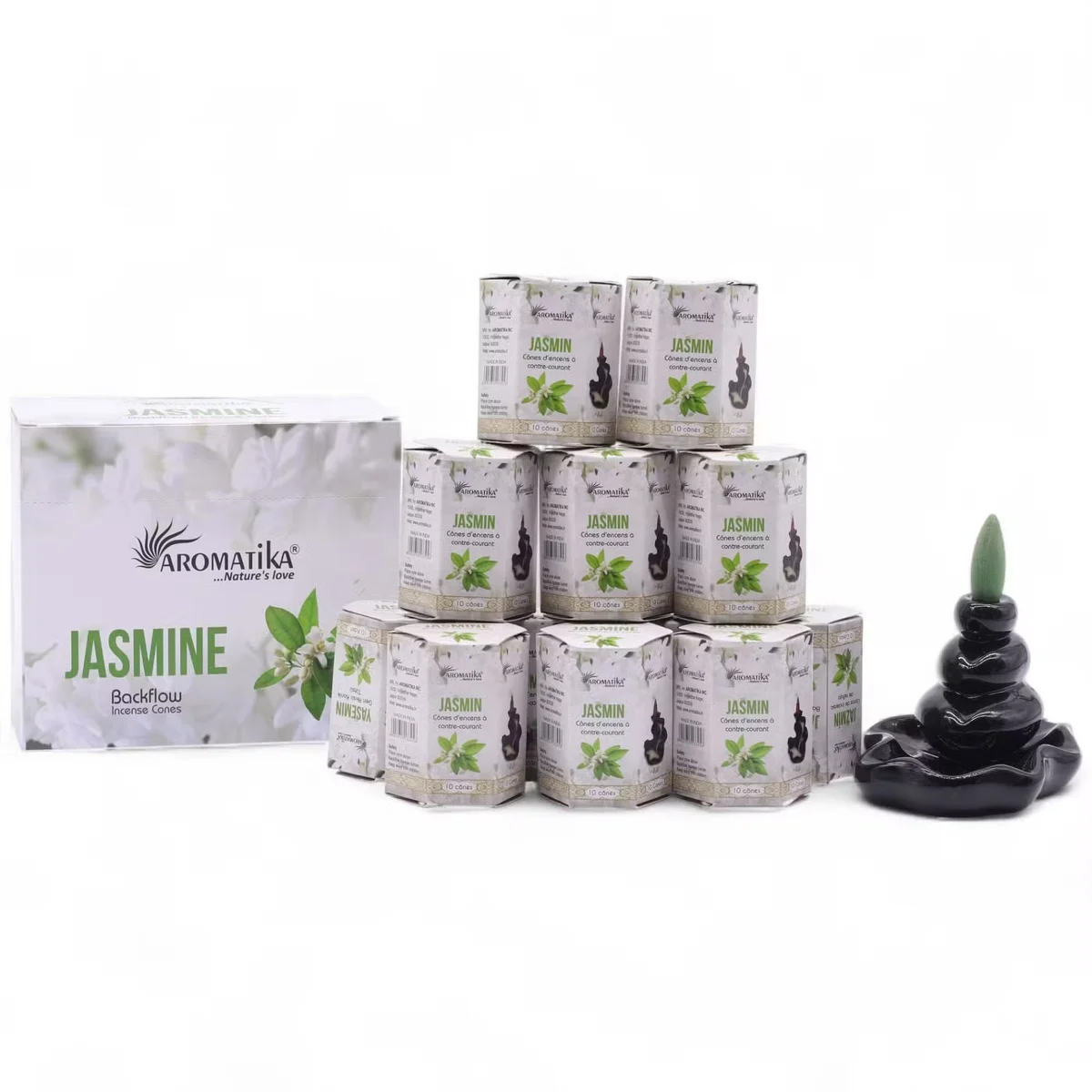 Pack of 10 jasmine-scented masala backflow incense cones arranged on a wooden surface with smoke flowing downwards