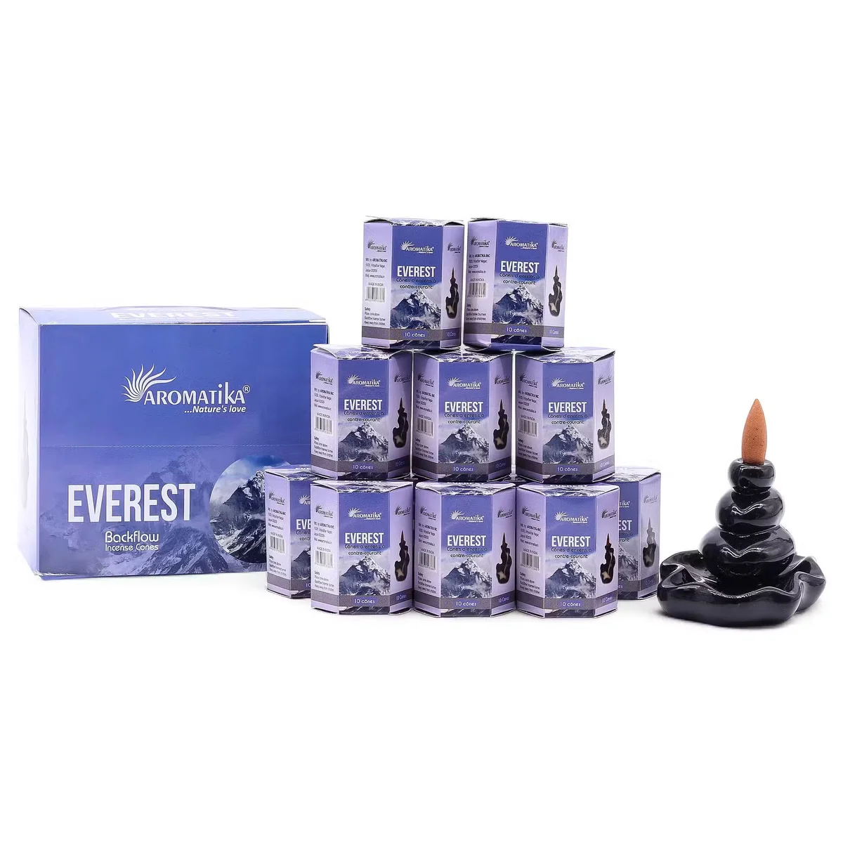 Pack of 10 Everest masala backflow incense cones set arranged on a white background for UK e-commerce page