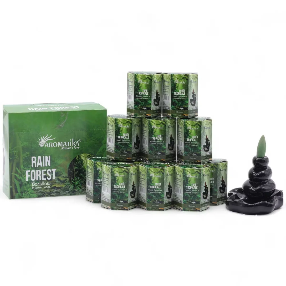 Pack of 10 incense sticks arranged with green rainforest-themed packaging for Masala Backflow Incense Rain Forest scent