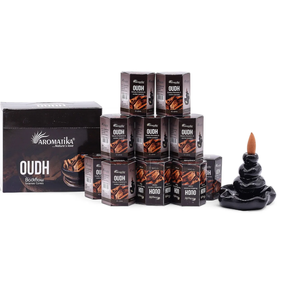 Pack of 10 Oudh masala backflow incense sticks neatly arranged on a plain background