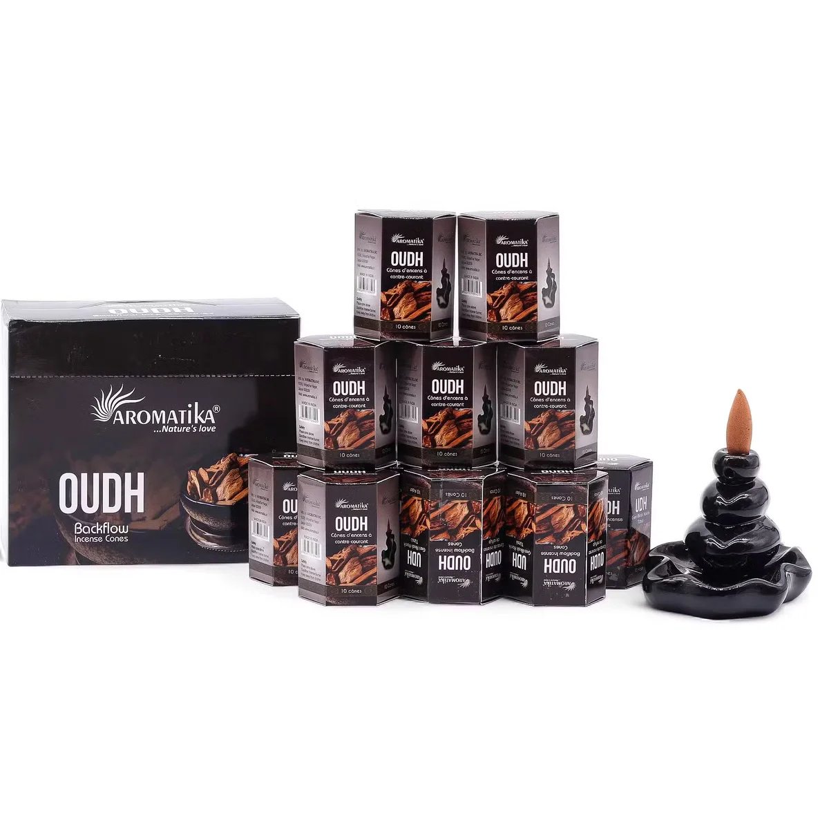 Pack of 10 Oudh masala incense sticks arranged with smoke flowing downwards, highlighting backflow feature