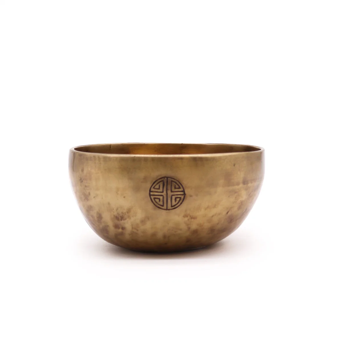 Small Nepalese moon bowl, approx 13cm diameter, handcrafted metal with detailed patterns, weighing about 550g.