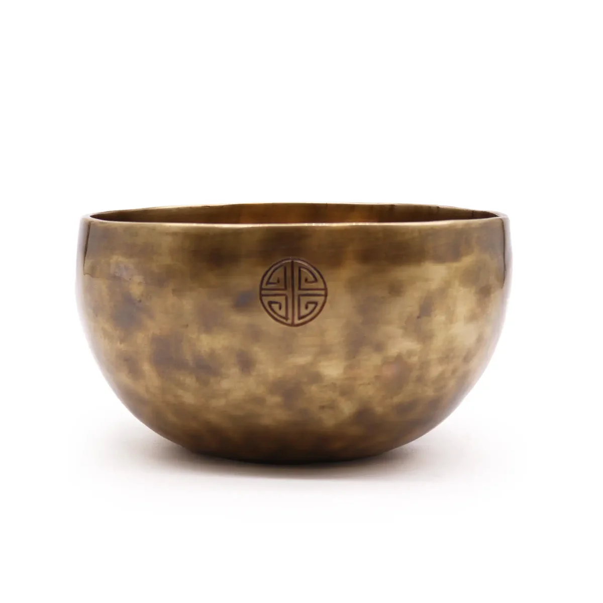 Large Nepalese moon bowl, 17cm diameter, handcrafted metal with intricate designs, weighing approximately 850g.