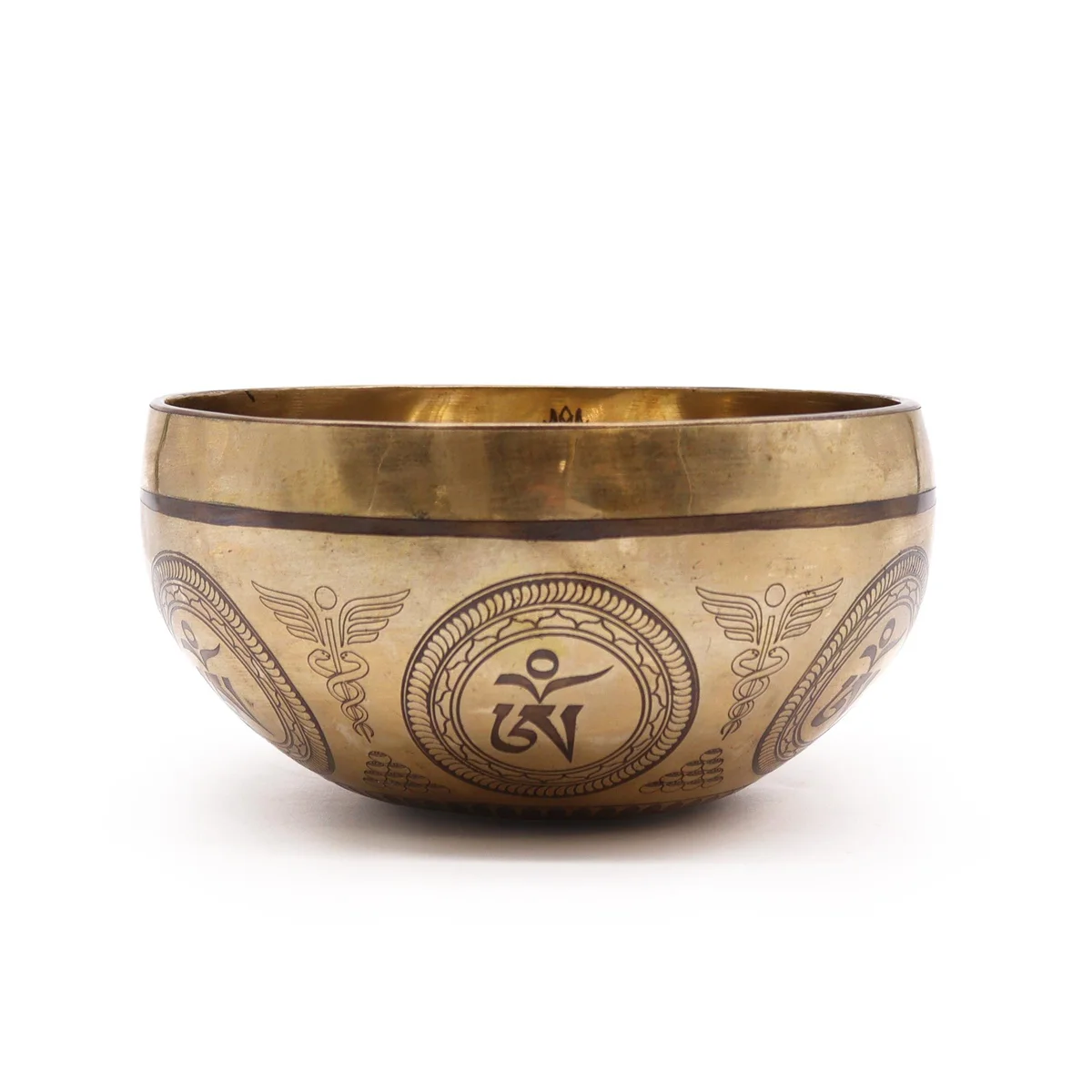 Tibetan healing bowl 16cm engraved with Bodhi Tree Buddha design on metal surface