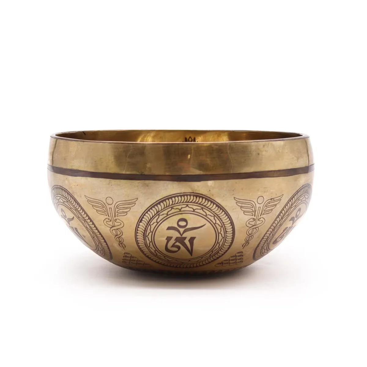 16cm decorative bowl with engraved Bodhi Tree Buddha design, Tibetan healing style, bronze finish on white background