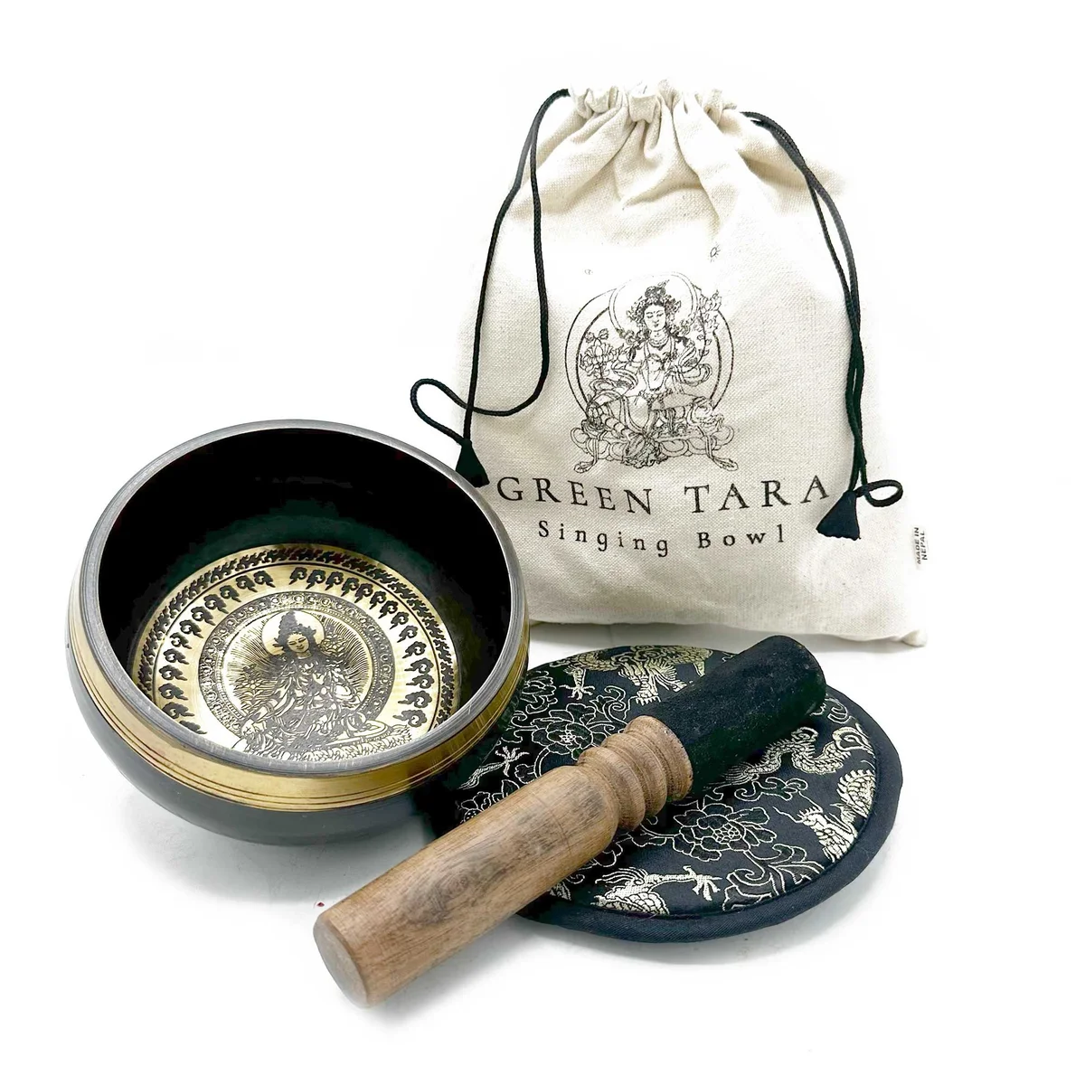 Green Tara engraved singing bowl gift set, 14cm hand beaten metal bowl with wooden striker and cushion