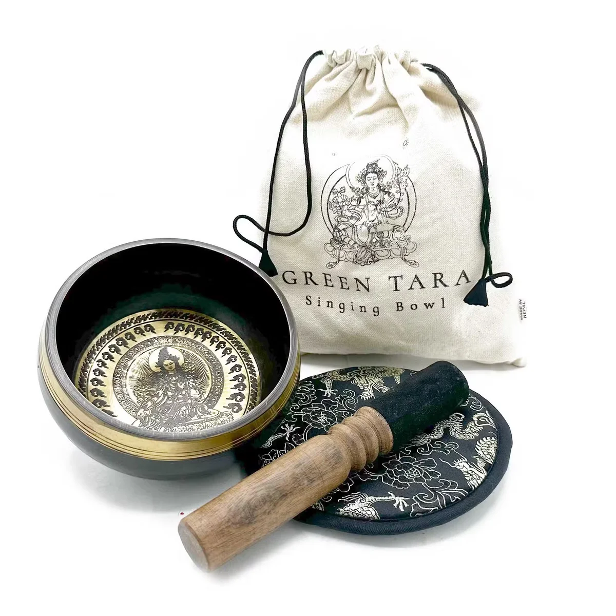 14cm singing bowl gift set featuring hand beaten and engraved Green Tara design on a bronze bowl