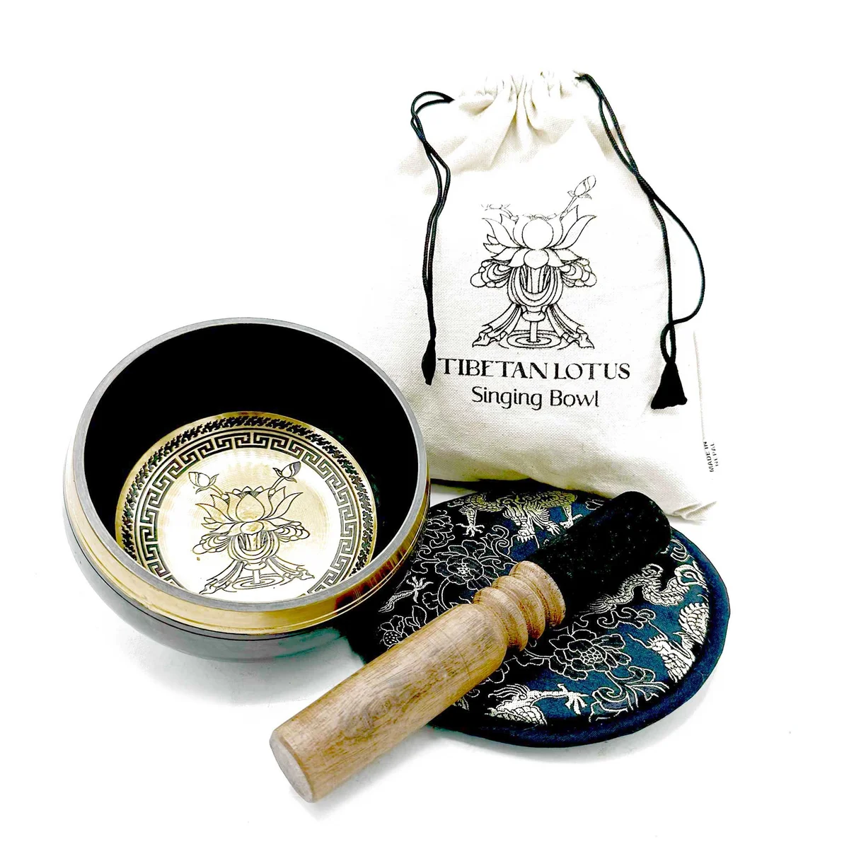 14cm hand beaten engraved singing bowl with lotus flower design in gift set
