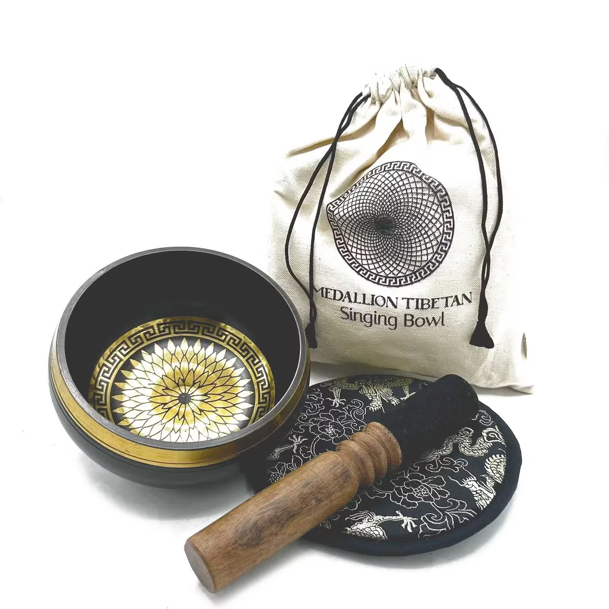Hand beaten and engraved 14cm singing bowl with round medallion designs in gift set display