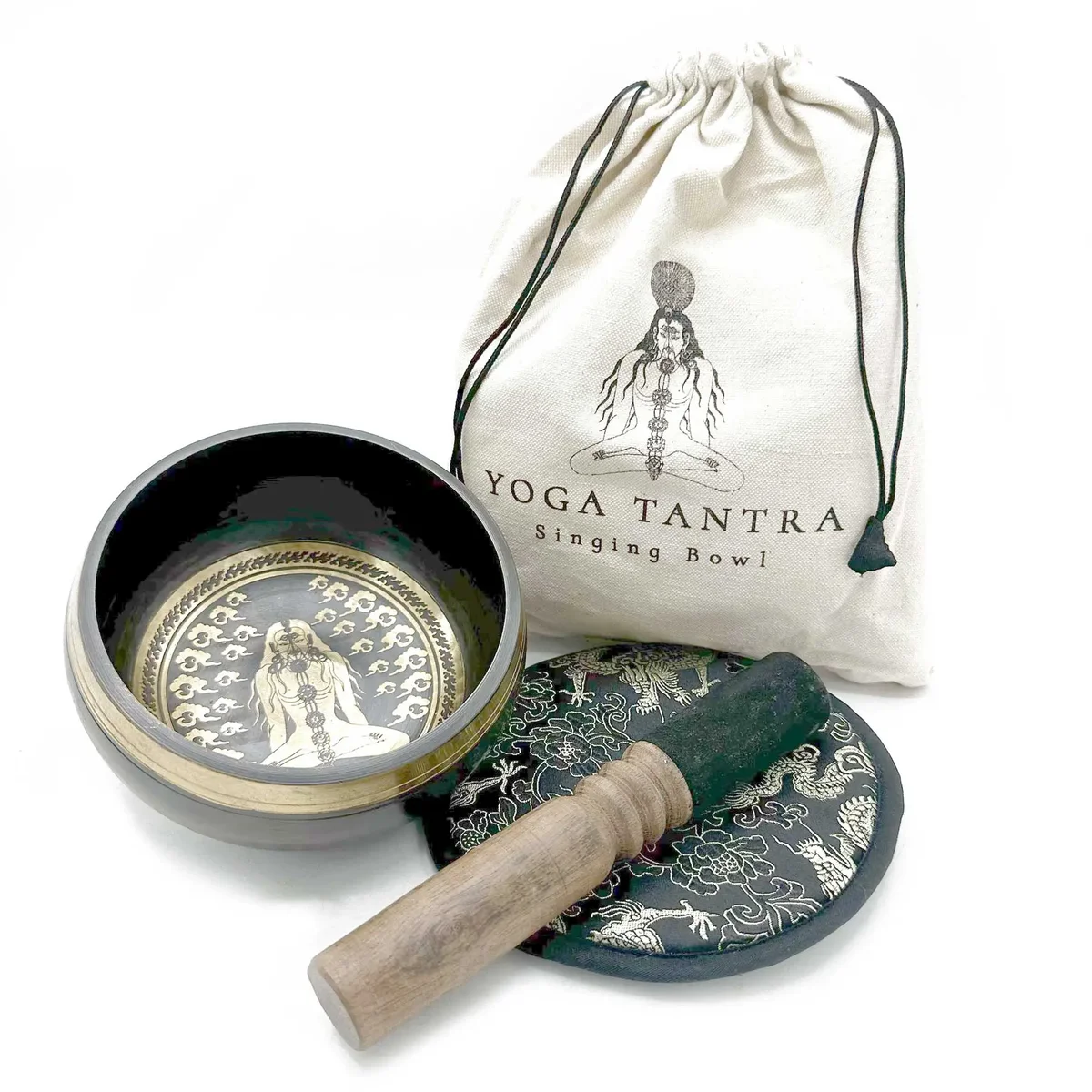 14cm hand beaten engraved singing bowl with wooden striker and cushion in a gift set by Yogi