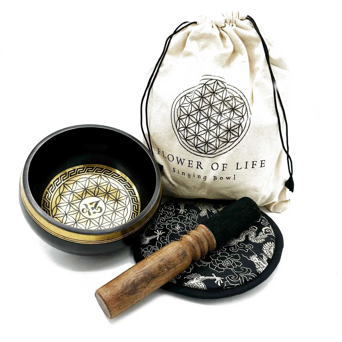 14cm hand beaten singing bowl with engraved Flower of Life design in a gift set