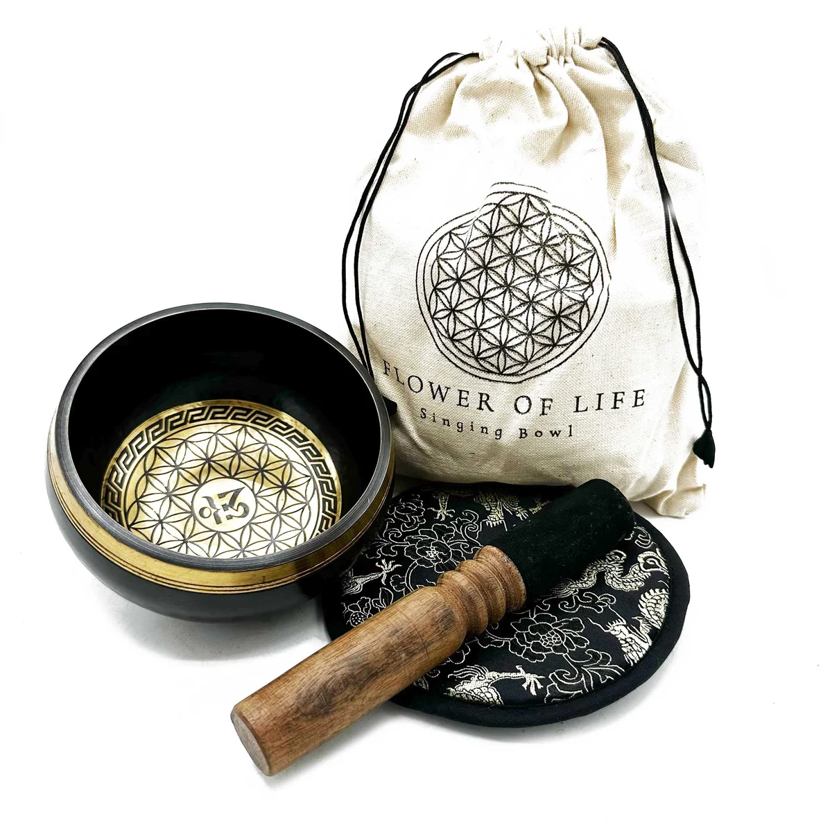 14cm hand beaten singing bowl featuring intricate Flower of Life bowl engraving in gift set arrangement