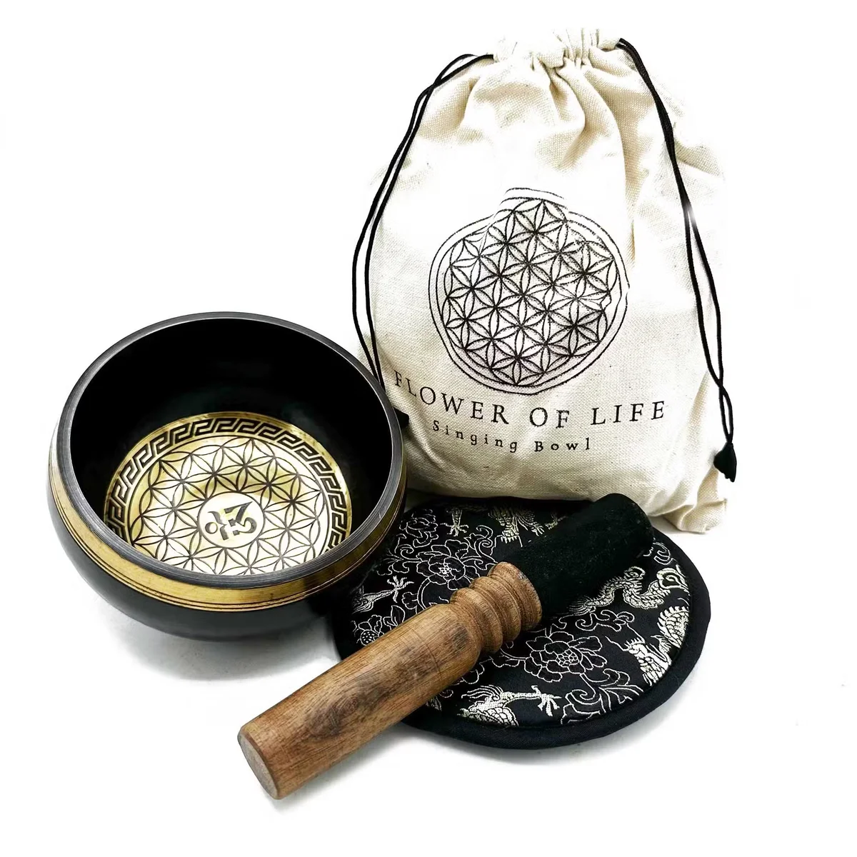 14cm singing bowl with hand beaten texture and engraved Flower of Life design in a gift set display