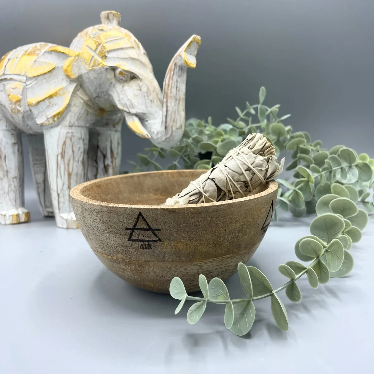 Wooden ritual offerings bowl with Four Elements design, measuring 13x7cm, used for smudging and rituals