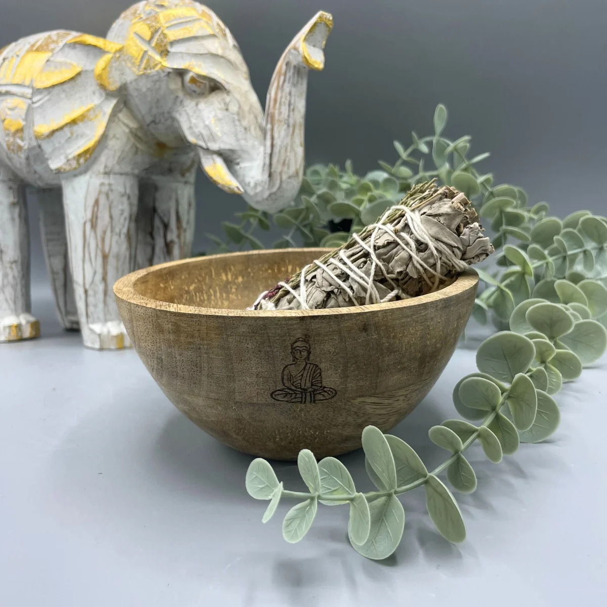 Wooden Buddha offering bowl measuring 13x7cm, smooth finish, ideal for smudge and ritual offerings