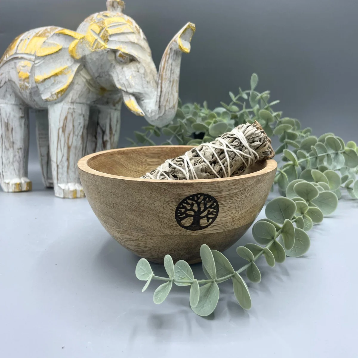 Wooden ritual offerings bowl with Tree of Life design, measuring 13x7cm, shown on a plain background