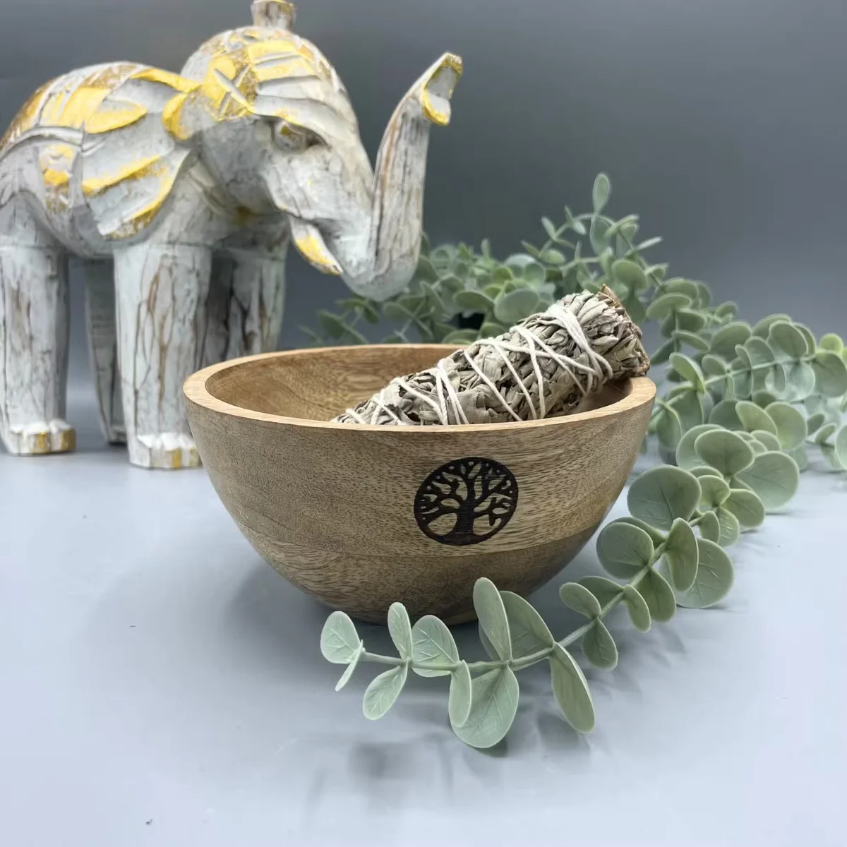 Wooden Tree of Life bowl 13x7cm with carved design, used for smudge and ritual offerings
