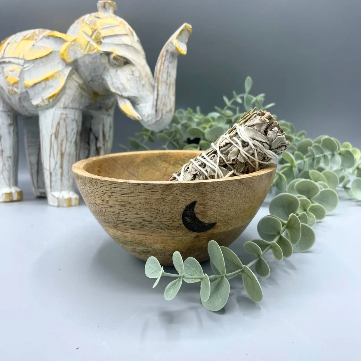 Wooden ritual bowl with three moons design, 13x7cm, used for smudge and ritual offerings