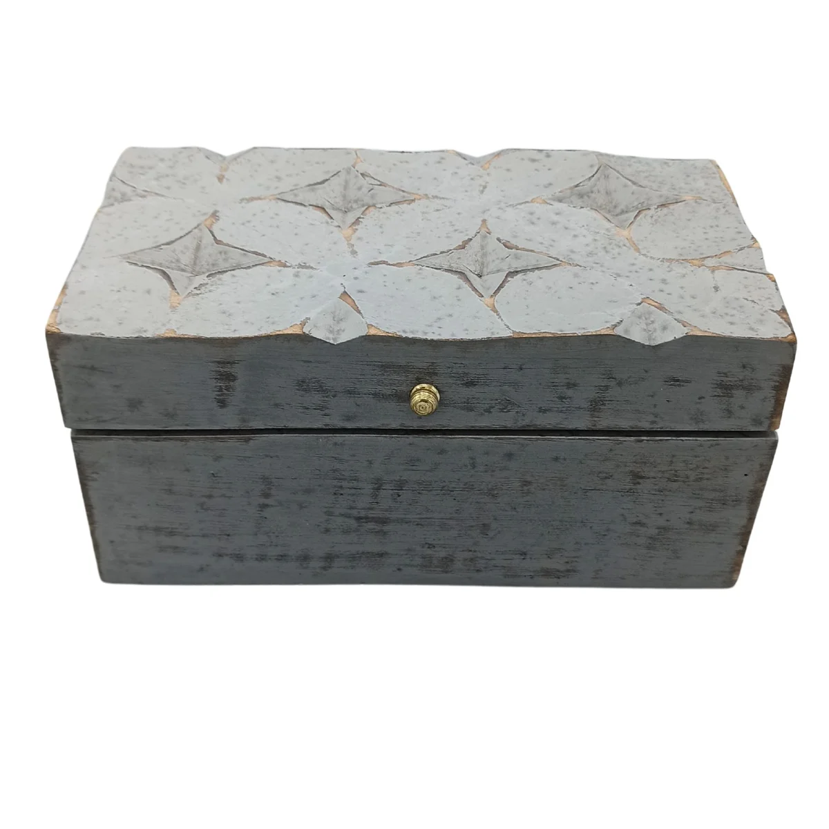 Grey star patterned decorative storage box measuring 22x12x10cm, vintage deco style for multi purpose use