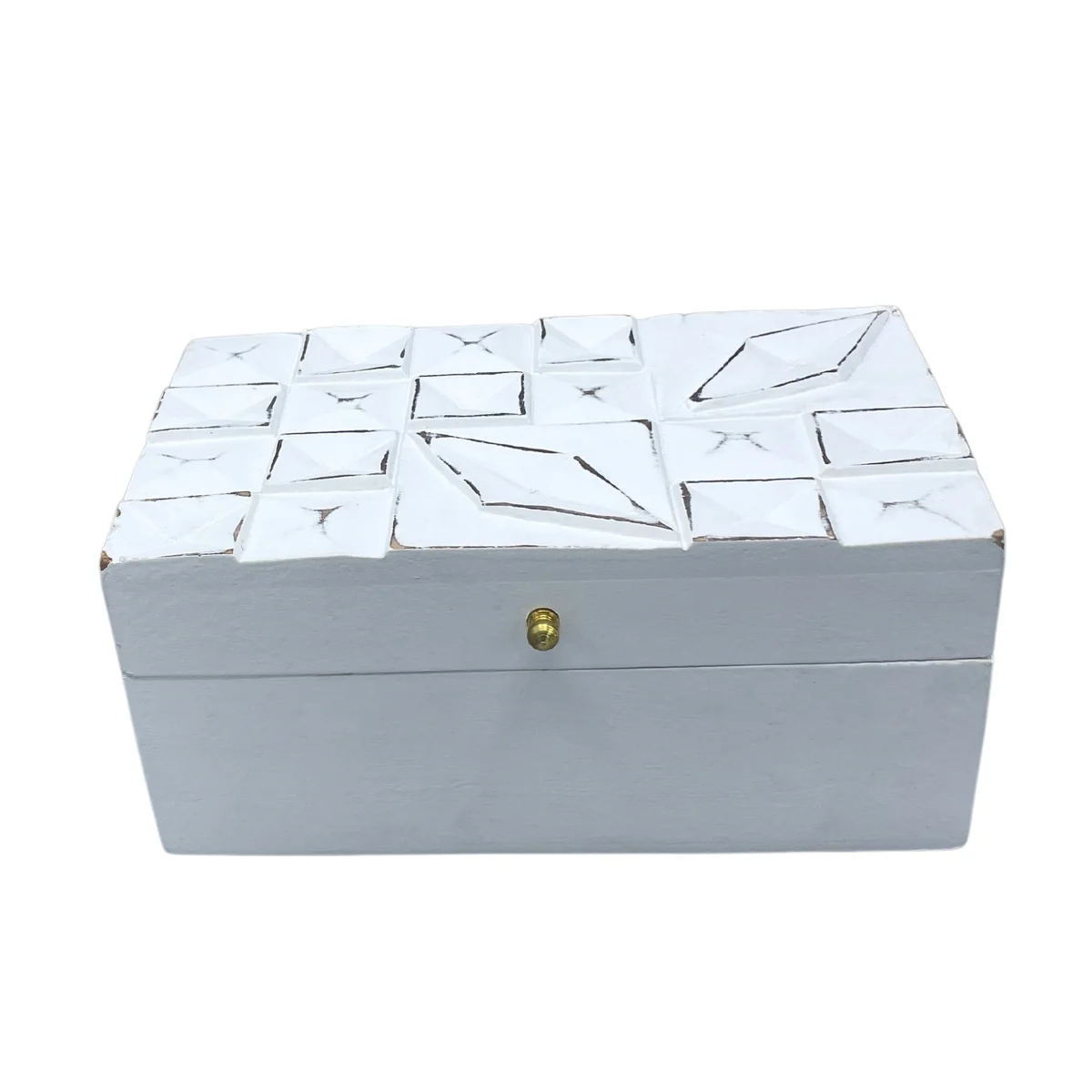 White diamond box with vintage deco design, multi purpose storage, measuring 22x12x10cm, closed view on plain background