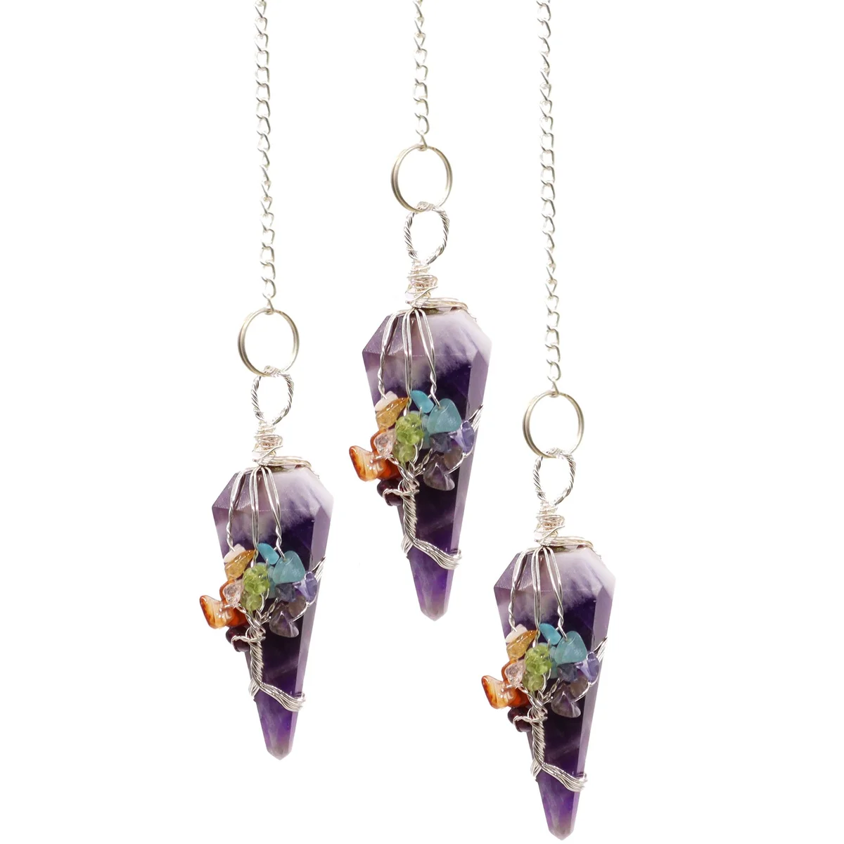 Seven chakra pendulum with amethyst stone and metal chain used for divination and energy balancing