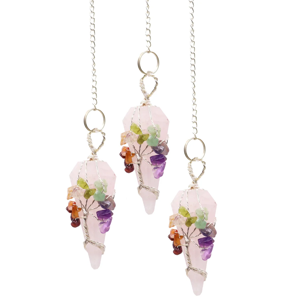 Rose quartz chakra healing pendulum with seven colorful chakra stones on a silver chain against white background