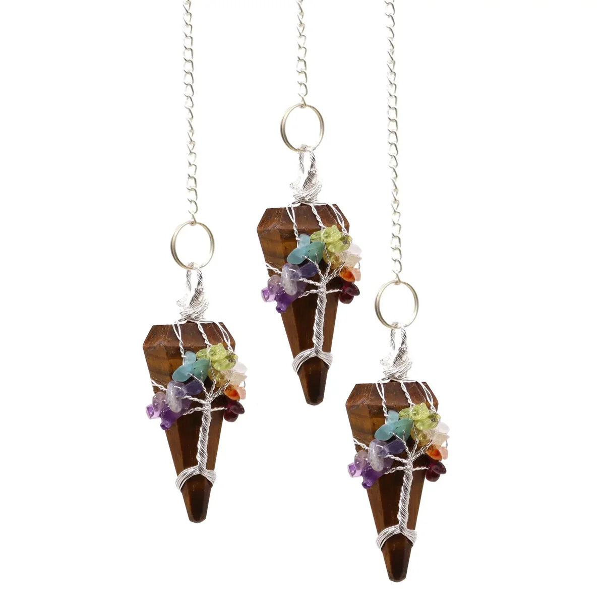 Magic pendulum tigereye with seven chakra stones arranged in a vertical line on a chain