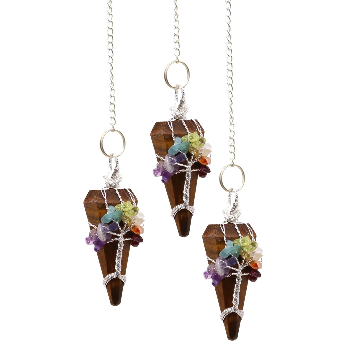 Seven Chakra Tigereye magic pendulum with colorful stones for chakra healing pendulum practice on white background