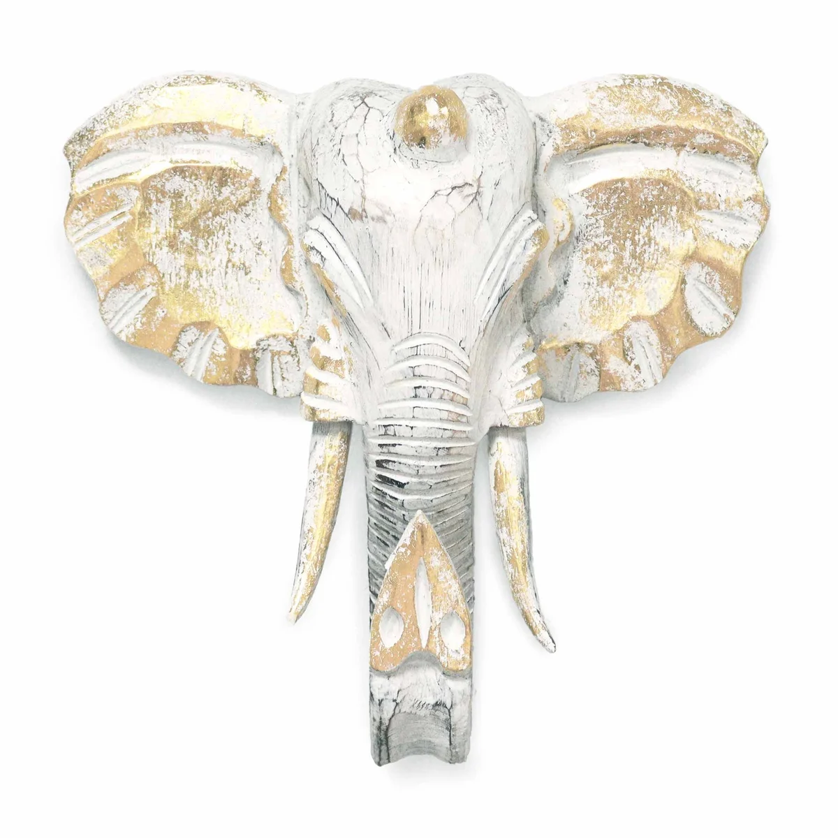 Large elephant head wall art in gold and whitewash finish for decorative wall display