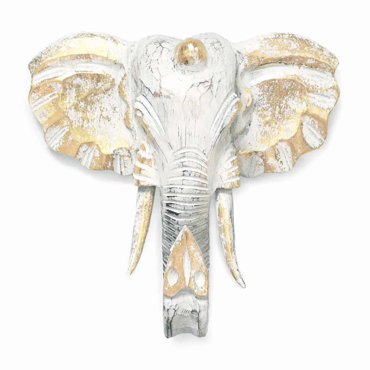 Large gold and whitewash elephant wall sculpture showing detailed elephant head from side angle on plain background