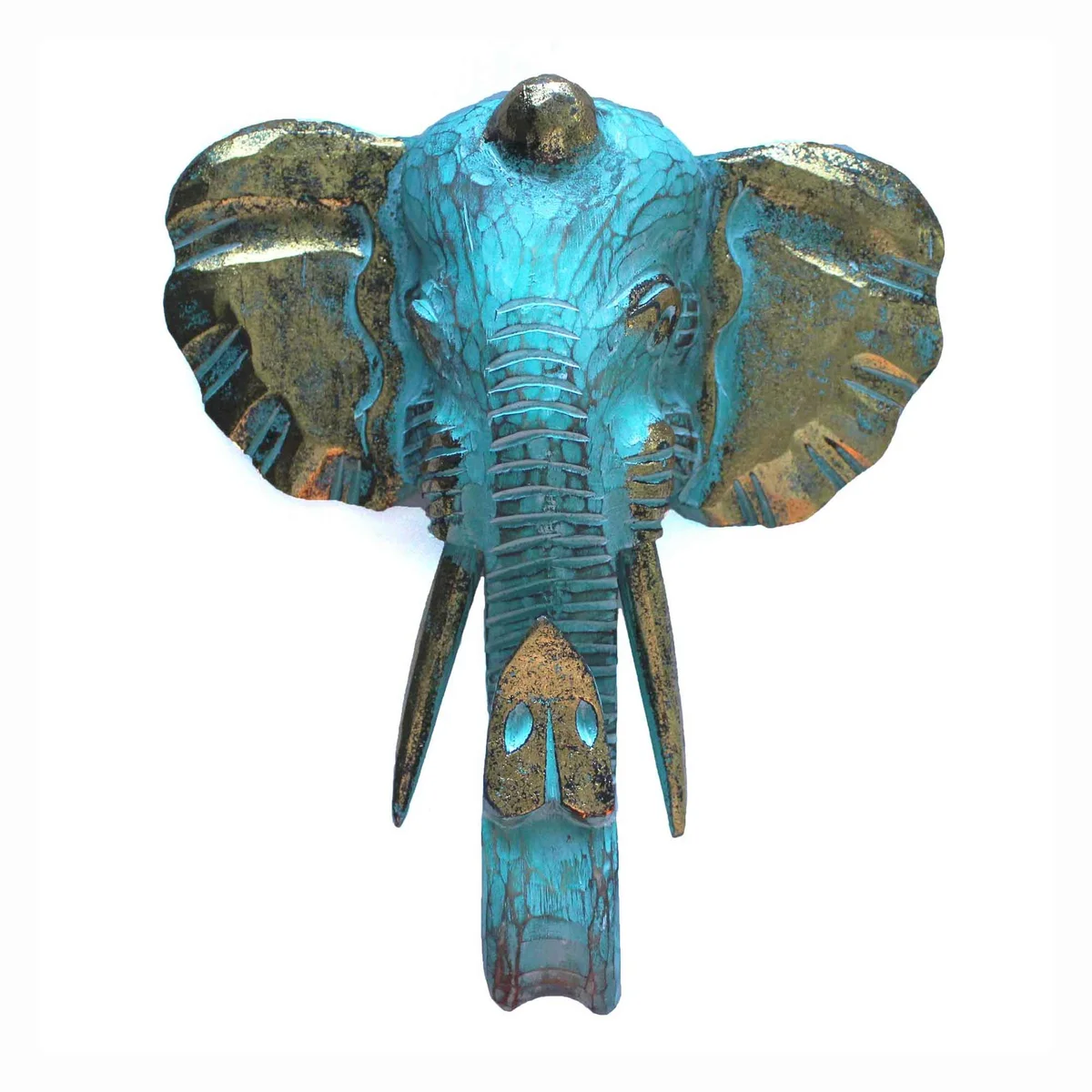 Large gold and turquoise elephant head wall decoration with intricate detailing on a white background, side view