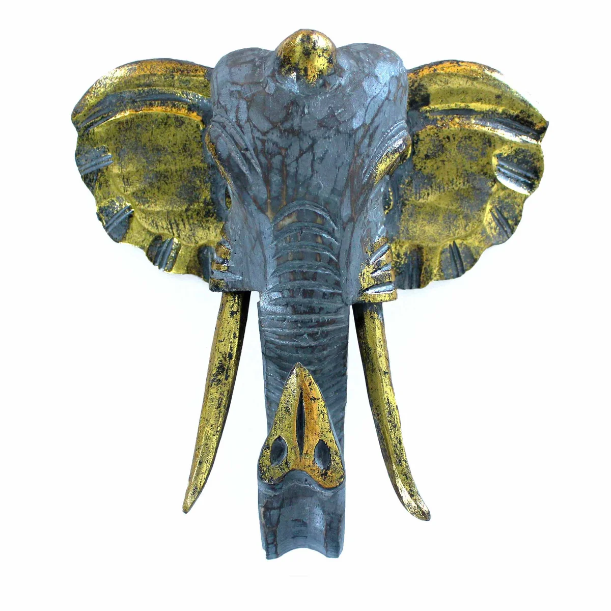 Large gold and grey decorative elephant wall sculpture showing detailed elephant head for home decor