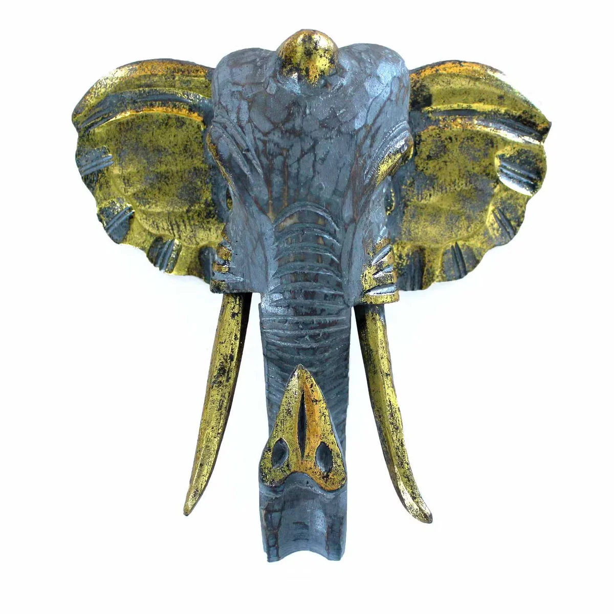 Large gold and grey elephant head home decor mounted on a wall, showcasing detailed design and texture