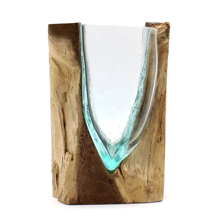 V-shaped Molton art glass vase displayed on a wooden base against a plain background