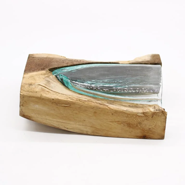 V-shaped glass vase made of Molton glass on a wooden base with a modern artistic design