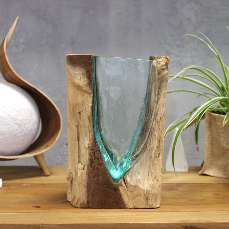 Molton Glass V-shaped modern art vase displayed on a wooden base against a plain background